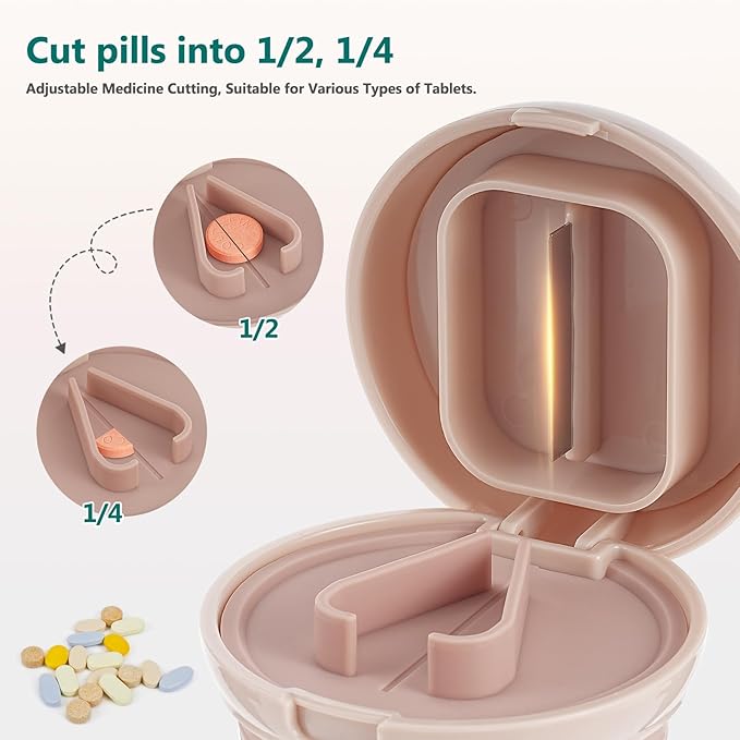 4 in 1 Pill Cutter Splitter, Pill Cutter for Small or Large Pills, Travel Pill Organizer with Crusher Grinder Fine Powder, Stainless Steel Blade, Removable Drinking Cup (Pink)