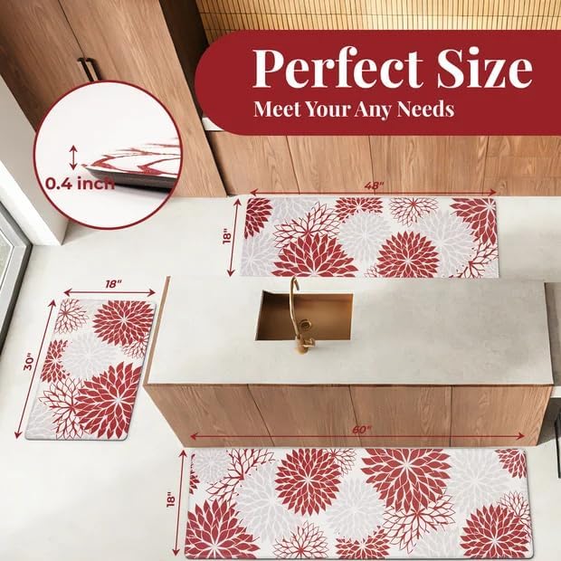 PVC Anti-Fatigue Kitchen Mats Set of 3, Non-Slip Kitchen Rugs, Comfort Standing Runner Rug, Multipurpose Indoor Mats for Laundry, Office, Bedroom, Sink, Bathroom, red