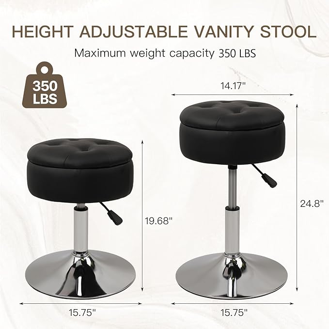Salon Stool with Big Storage Set of 2, Height Adjustable 361° Swivel Modern Round Leather Tufted Makeup Vanity Stools for Massage Facial Spa Beauty Nail Medical Clinic Tattoo Barber, Black