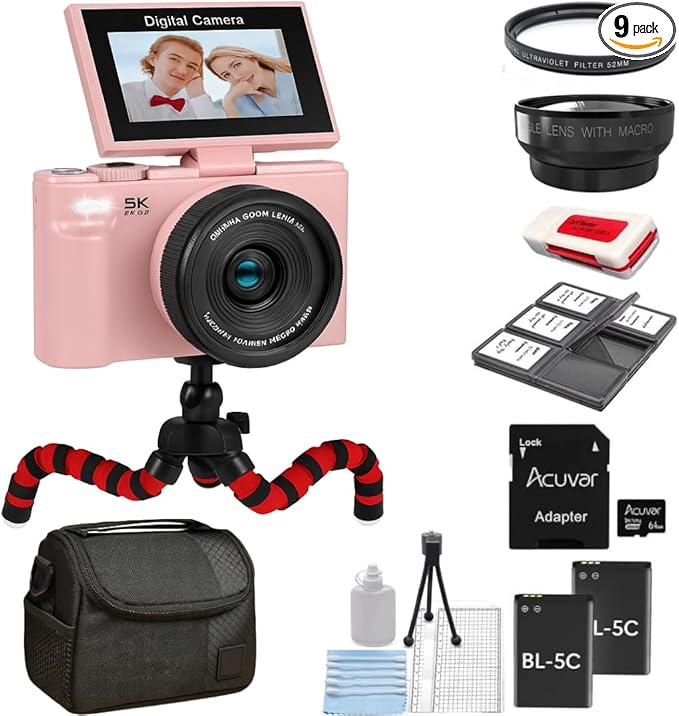 4K/5K Digital Camera – 75MP Vlogging Camera for YouTube, 180° Flip Screen, 18X Zoom, WiFi – Pink Pro Kit with 64GB Card, Tripod, Case, Macro/Wide Lens & UV Filter