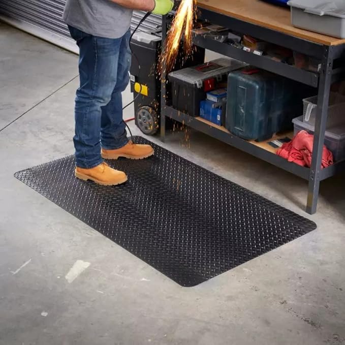 Consolidated Plastics Anti-Fatigue Heavy Duty Diamond Plate Floor Mat, Commercial Grade Standing Support for Leg & Back Pain, Thick Sponge Base/Solid Vinyl Top Made in USA (7/8" Black, 3' x 5')