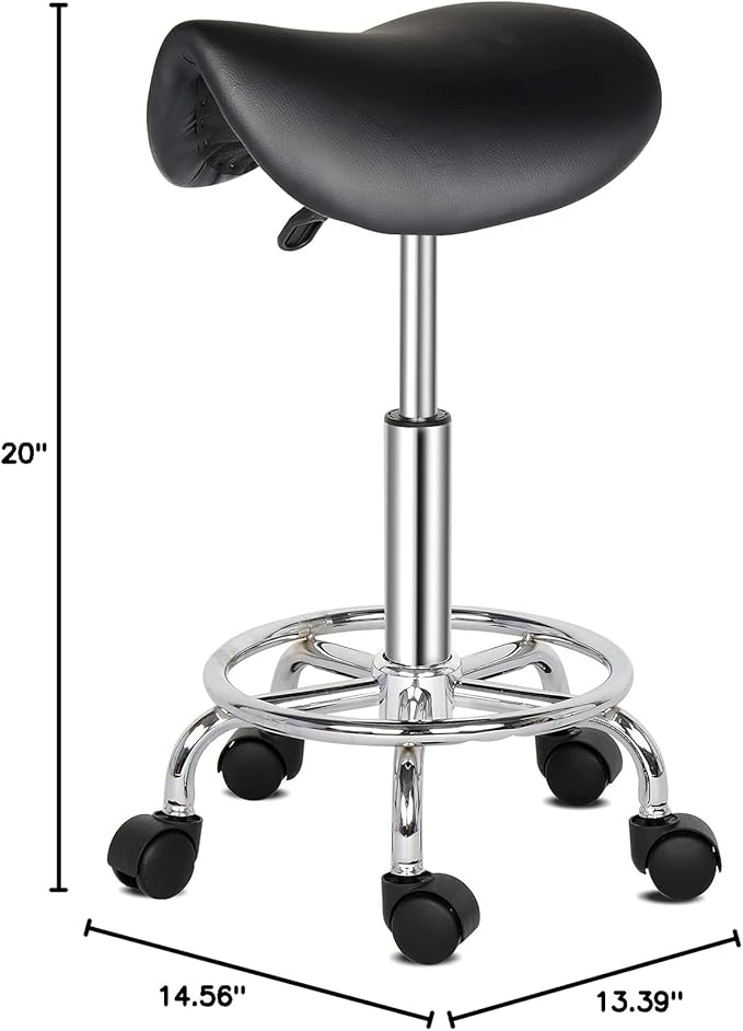 Modern Rolling Saddle Seat Stool Chair,PU Leather Swivel Adjustable Rolling Stools,Ergonomic Swivel Salon Spa Barstools,Office Drafting Chairs,with Wheels,for Home, Kitchen, Medical, Lab (Black)