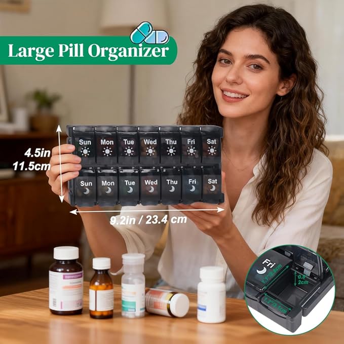 Shintop Weekly Pill Box 2 Times a Day, Easy Fill Medicine Pill Organizer Push Button Pill Case Morning Night Vitamin Organizer for Fish Oil Supplements （Black）