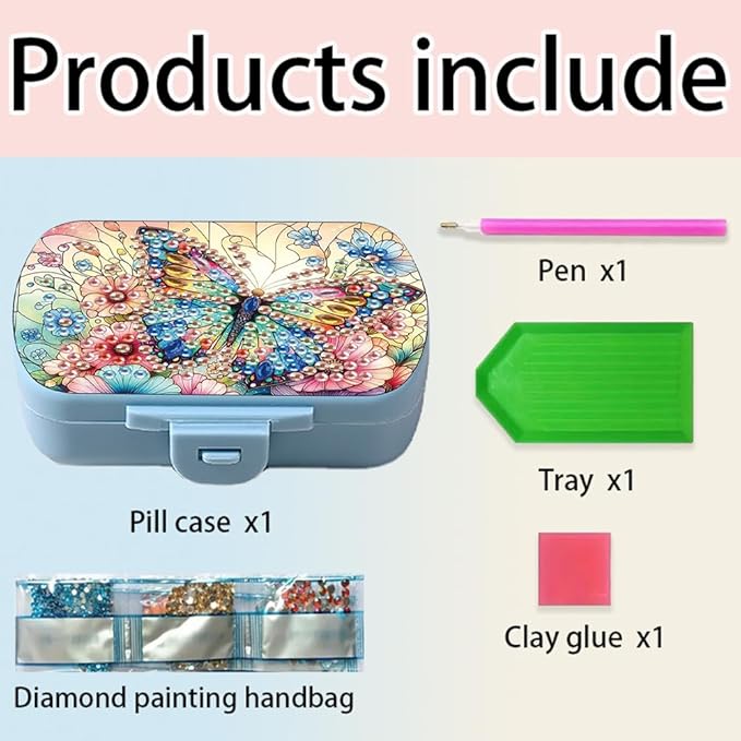 C'eitura DIY Flower Butterfly Diamond Art Painting Blue Pill Organizer with 6 Lid Detachable Compartments, Fun DIY Craft Project for Adults, Elegant Pill Case for Purse & Travel