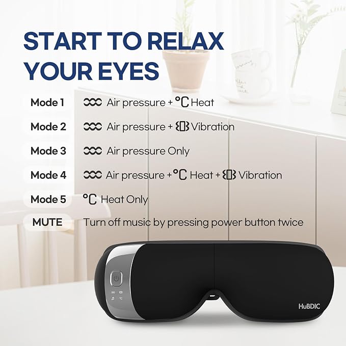 HubiCare Eye Massager with Heat, Vibration, and Music Helps Relieve Strain, Dark Circles, Dryness, and for Migraine Relief Relaxation and Better Sleep Valentines Day Gifts for Women/Men (Black)