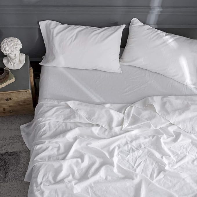 Simple&Opulence Belgian Linen Sheet Set Solid Color - Sheet Set 4PC - Cal King Natural Flax Cotton Blend Soft Bedding Breathable Farmhouse - White, California King
