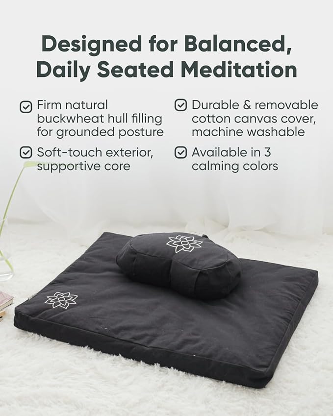 Mindful & Modern Large Meditation Cushion | Zafu Yoga Bolster Meditation Floor Pillow Seat | Buckwheat Hull Filled Crescent Shaped Cushion with Removable Washable Cover + Carry Handle (Minimal Black)