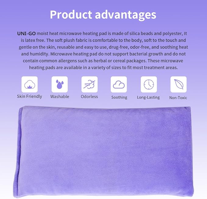 UNI-GO Silica Beads Microwave Heating Pad for Hot Compress and Cold Compress, No Smell, Reusable Microwavable Heating Pad for Back, Neck, Shoulder, Leg, Muscle Ache & Cramps. (Violet-6"x12")