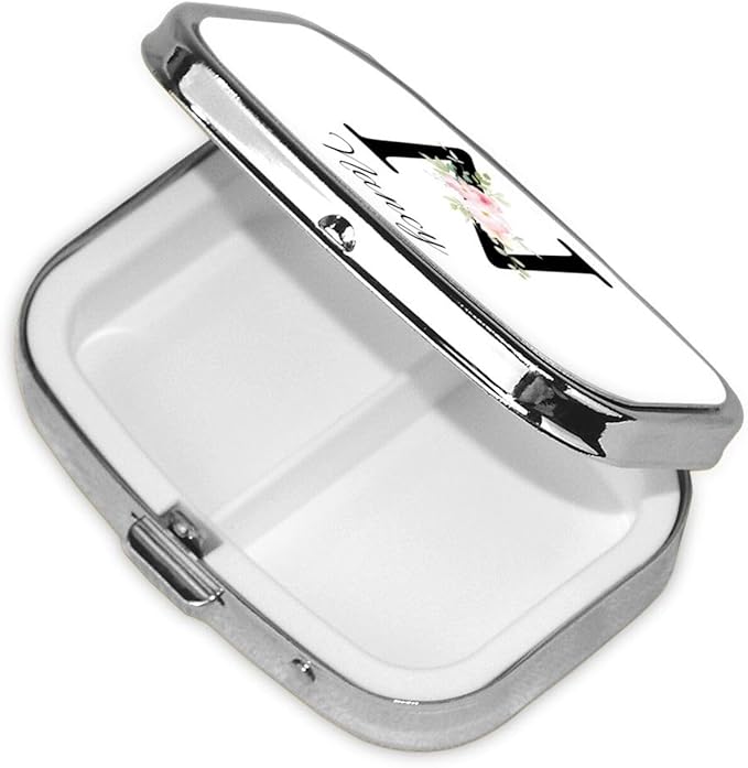 Custom Pill Box Personalized Square Small Pill Case with Mirror Add Your Photo Text Logo Name Decorative 2 Compartment Portable Metal Medicine Container Vitamin Organizer for Pocket Purse Travel (N)