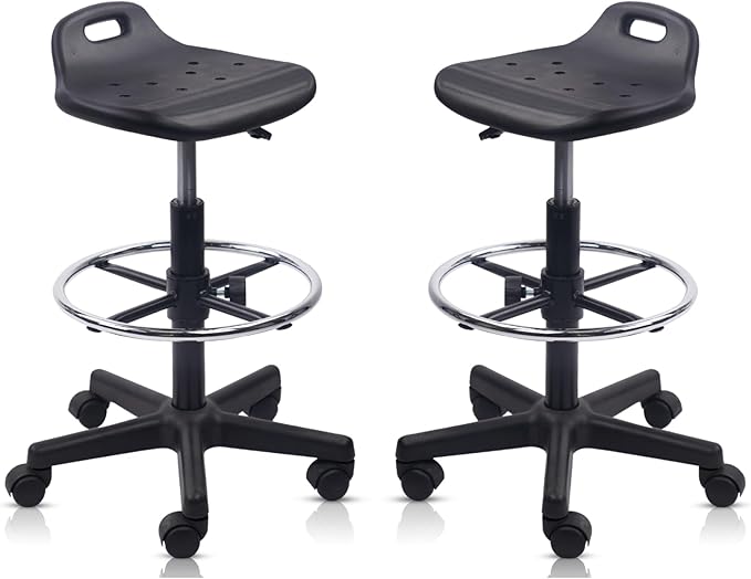 Round Rolling Drafting Stool with Foot Rest, Height Adjustable Swivel Multi-Purpose Office Desk Chair with Breathable Seat Cushion Stools for Home Bar Kitchen Salon Spa Medical, Black 2PK