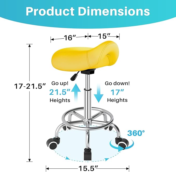 YEEZEE Saddle Stool Ergonomic- Comfortable Rolling Saddle Stool with Wide Thick Saddle Seat Padding, Swivel Adjustable Saddle Chair with Wheels and Ring Pedal for Medical Massage Salon (Yellow)