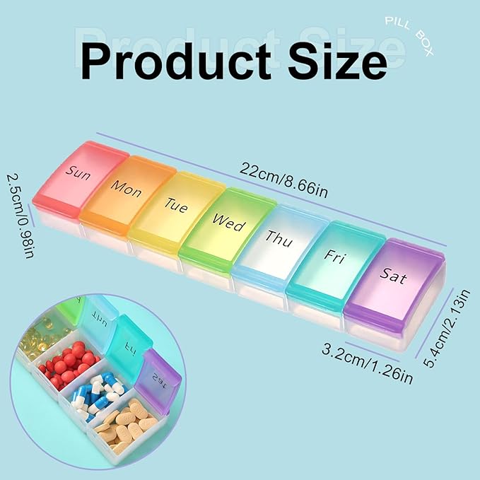 Pill Organizer, Weekly Portable Pill Dispenser, Travel Daily Pill Case Box Holder, 7 Compartment Medication Planner for Vitamin, Medicine, Fish Oil, Supplements (Transparent, 7-Color lid