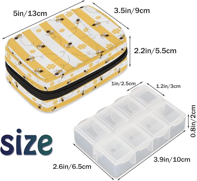 Cute Bee Pill Case - Yellow 7 Day Weekly Medicine Organizer, Travel Size Vitamin Container, Compact Portable Holder With Zipper