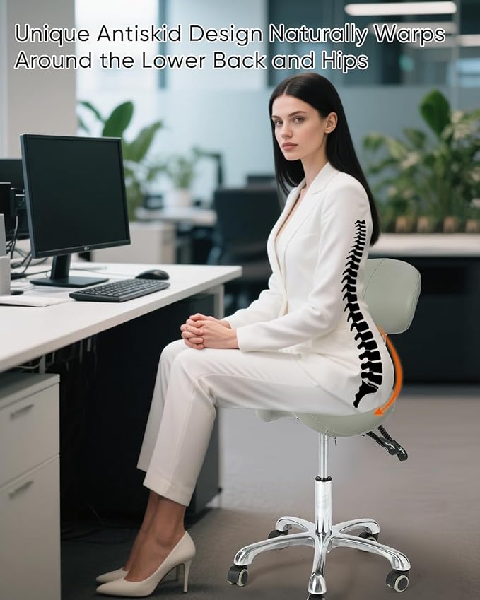 Adjustable Saddle Stool, ergonomically Designed Rotating Saddle Stool with Back Support, Rotating Rolling Base, Grey