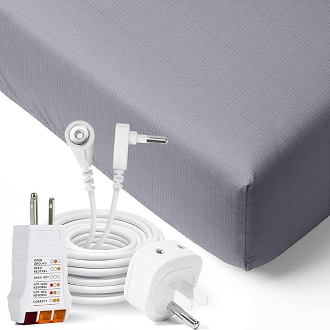 Organic Grounding Bed Sheet Kit – Fitted Earthing Sheet (95% Cotton, 5% Silver Fiber) with 15ft Cord, Safety Outlet Tester & Conductivity Pen – by TerraTouch (Lunar Gray, King)