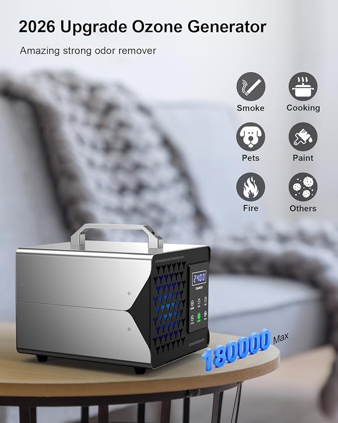 ONAMOR Digital Ozone Generator Odor Eliminator 180,000mg, High Capacity Ozone Machine Odor Removal Up to 8,000 Sq.Ft, Ozone Odor Eliminator, Ionizer Ozonator for Home, Car, Smoke, Pet Room (Sliver)