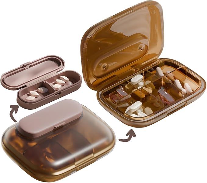 MURRI&MURRDI Travel Pill Organizer, 6 Compartments Small Pill Container, Daily Pill Box to Hold Vitamins, Portable Pill Case for Pocket Purse Medicine Organizer Detachable （G Coffee）