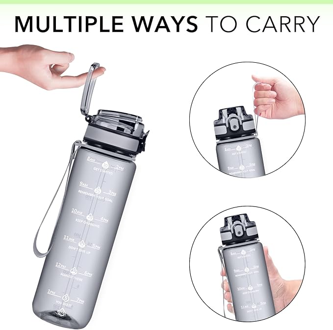 32oz Water Bottle with Time Marker, Motivational Drinking Bottle with Strap, BPA-Free Leak-Proof, Encouraging Water Bottle Time to Drink Water for Gym School Office Travel