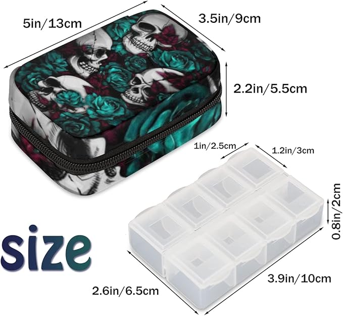 Skull Flower Gothic Style Pill Case Weekly Medicine Organizer with Travel Bag Seven-Day Pill Box Vitamin Supplement Box Fish Oil Pills Holder