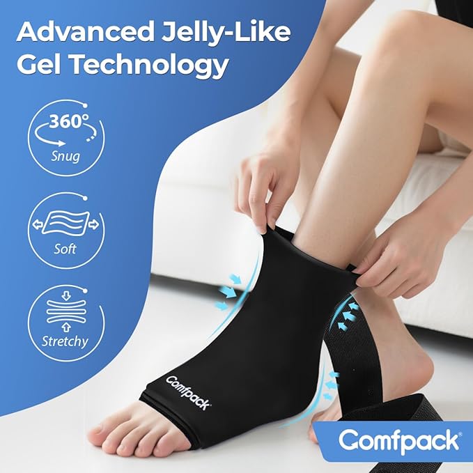 Ankle Ice Pack Wrap for Swelling, Reusable Foot Ice Pack Wrap, Hot & Cold Therapy Compression Sleeve for Plantar Fasciitis Relief, Achilles Tendonitis, Sprain, Heel Pain, Sprained