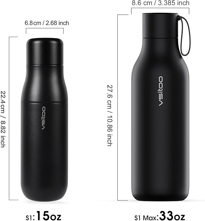 VSITOO 14.8oz Mini Smart Self-Cleaning Water Bottle，Small Insulated Stainless Steel Thermoses with AI Self-Clean, 30-Day Battery & Magnetic Charging for Travel, Gym, Office or Purse, Black