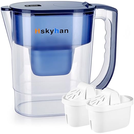 Hskyhan Water Filter Pitcher - 3.8 Liters, 2 Long Lasting Filters Included, Replacement Cartridge Timer, 7 Stage Filtration, Reduces Lead, Fluoride, Chlorine and More, Blue