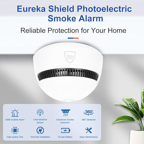 10-Year Battery Smoke Detector for Home | 85dB Fire Alarm, Military-Grade Photoelectric Sensor Reduces 70% False Alarms | CE/UL Globally Certified | Easy Install (Adhesive/Screws) (1)