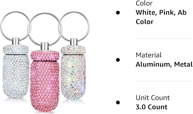 3 Count Multi-colored Aluminum Blingbling Crystals Waterproof Portable Pill Organizer Case Container Storage Box Pocket Keychain Holder for Medicine Vitamins Outdoor Camping Travel Dispenser