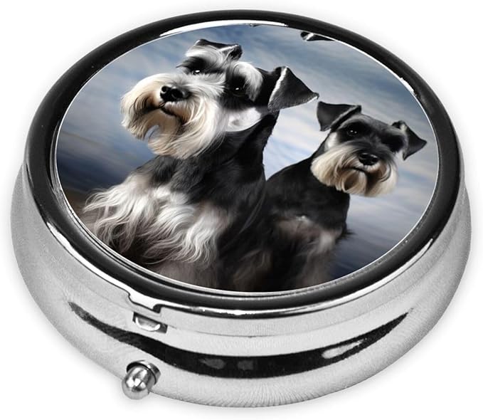 Pill Box 3 Compartment Medicine Pill Organizer Animal Schnauzer Dog Round Pill Case for Purse & Pocket Travel Pillbox Portable Metal Medicine Vitamin Fish Oil Organizer Unique Gift