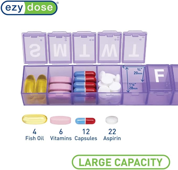 Ezy Dose Weekly (7 Day) Pill Organizer Case, Medium Compartment Vitamin and Medicine Box, Easy to Use (Large - 2 Pack - Colors Vary)
