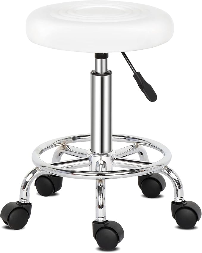 Round Rolling Bar Stool PU Leather with Wheels and Foot Rest, Height Adjustable Task Work Drafting Chair with Back for Salon Spa Tattoo Facial Medical Office Chairs (White)
