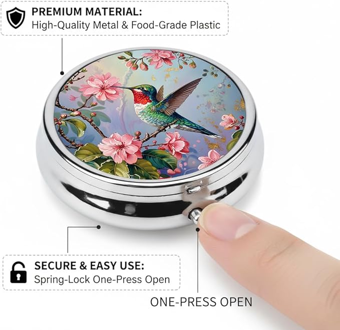 Hummingbird Pill Box 3 Compartment Small Pill Case,Portable for Pocket or Purse Pill Organizer Pill Container Holder with Mirror to Hold Vitamins, Medication, Fish Oil and Supplements