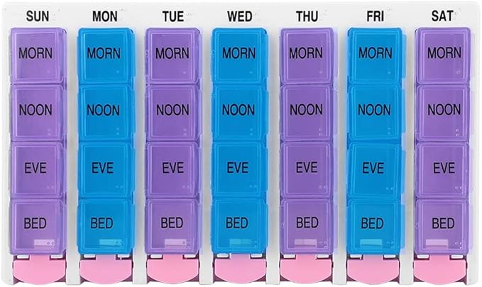 7 Days, Organiser, 7 Days 4 Times a Day 28 Compartments Organizer with Push Button (Blue)