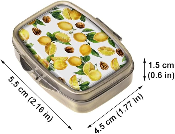WIRESTER Rectangle Pill Box, 2 Compartment Retro Pill Case with Mirror, Medicine Tablet Vitamin Holder for Pocket Purse Travel - Lemon Leaf Walnuts