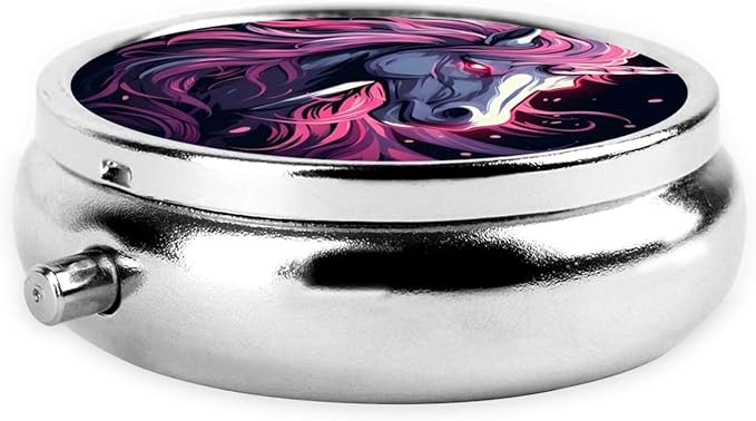 Evil Unicorn Pattern Pill Box 3 Compartment Pill Case, Portable Medicine Pill Organizer for Pocket Purse Pill Box Decorative Metal Medicine Vitamin Organizer