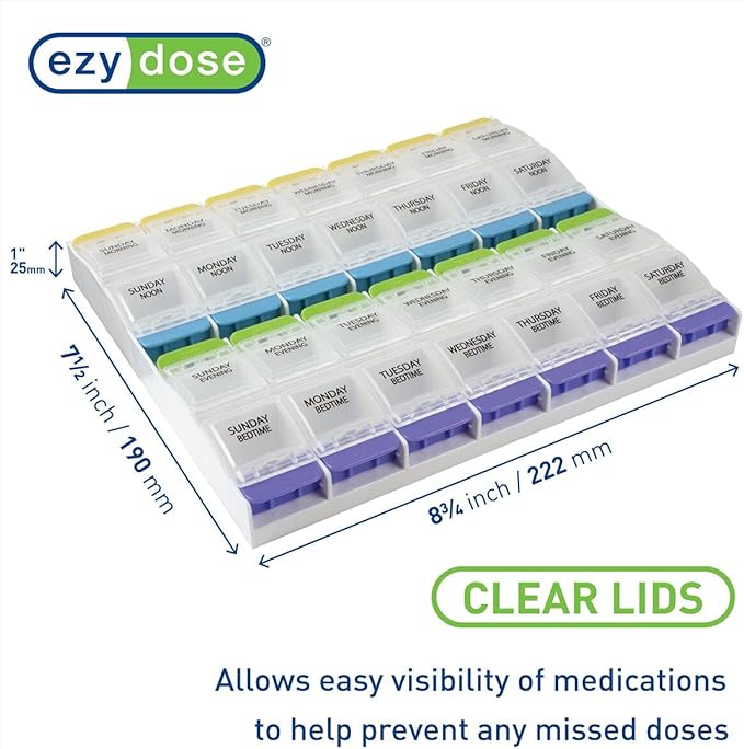 EZY DOSE Weekly (7-Day) Pill Organizer, Vitamin Container, and Daily Medicine Planner, 2X-Large Push Button Compartments, Arthritis Friendly, Easy to Use, 4 Times a Day, Clear Lids, BPA Free