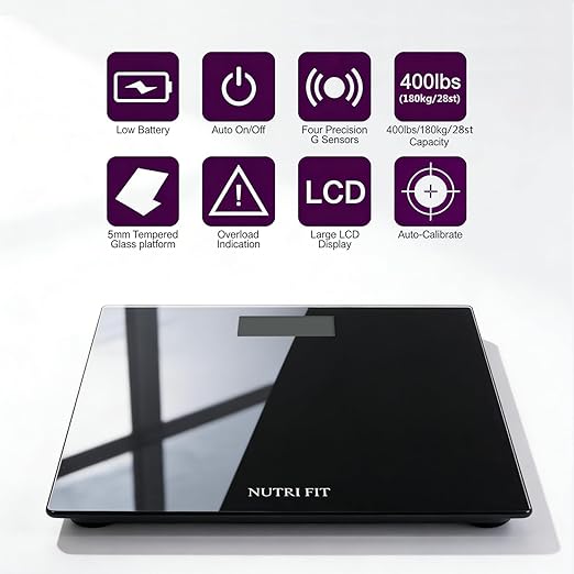 NUTRI FIT Digital Bathroom Scale Body Weight Scales 400 lbs Ultra Slim Most Accurate for Gym Yoga Studio with Large Backlit Display, Black