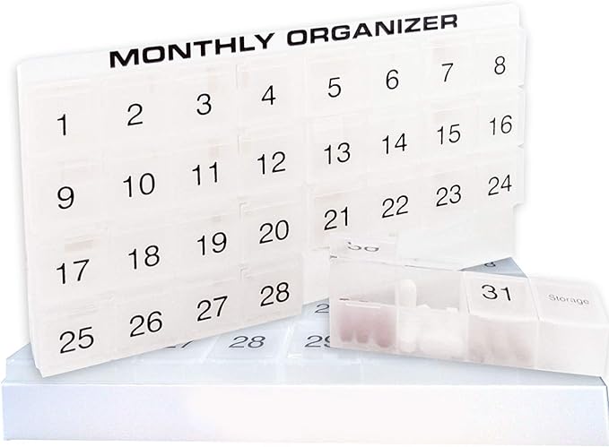 31 compartments, 1 per Day, 4 Week Monthly Pill Organizer by Promed. Includes Tray and 8 Removable compartments. (White)
