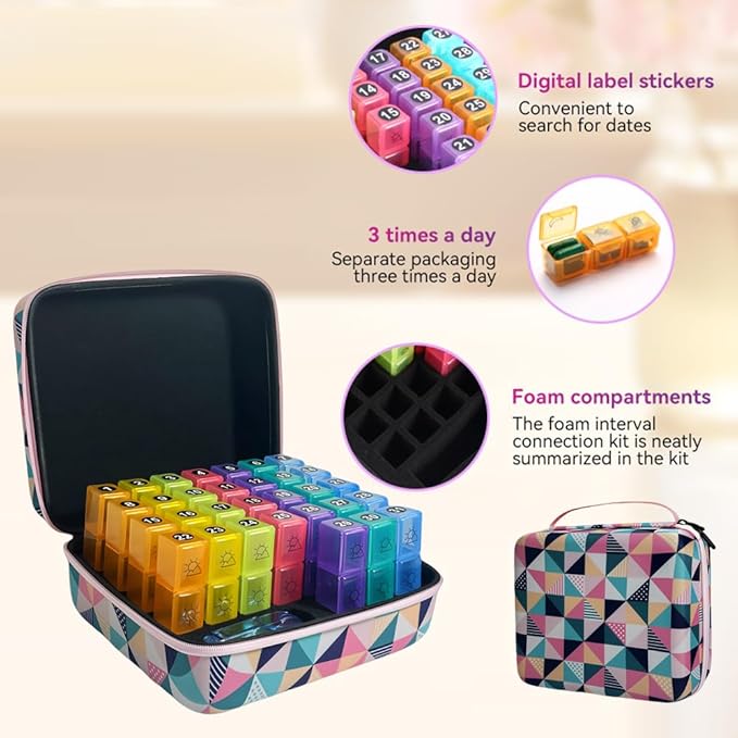 Monthly Pill Organizer, 31-Day Medicine Box with Hard Shell Case, 3 Times Daily Dosage Schedule, Plastic Rectangular Design, Includes Pill Cutter and Monthly Weekly Stickers (Square Lattice)