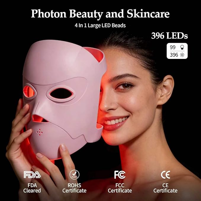 Red Light Therapy for Face, Rechargeable LED Face Mask Light Therapy, Portable Silicone Facial Mask with 4 Light Modes, Adjustable Brightness & Timer