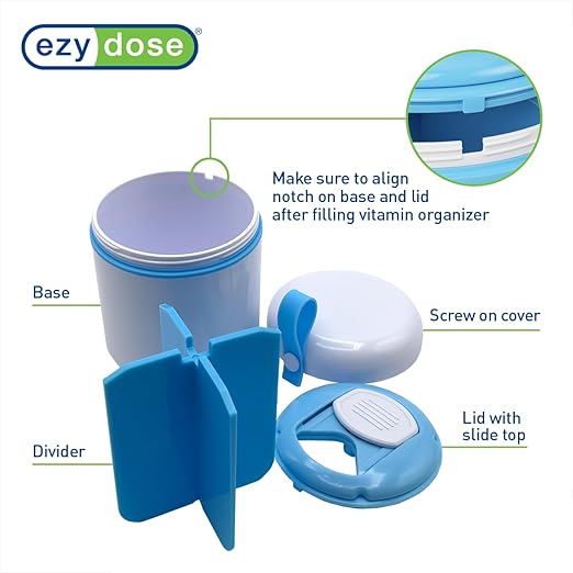 EZY DOSE Mini Vitamin Organizer, Multi Compartments, Portable and Compact Design, Easy Access Sliding Pill Dispenser, Supplement Organizer with Anti-Mix Design, Travel Friendly, Large, White and Blue