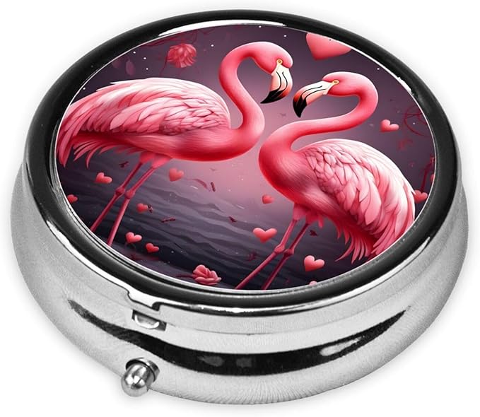 Two Flamingos Valentines Day Pill Box 3 Compartment Pill Case, Portable Medicine Pill Organizer for Pocket Purse Pill Box Decorative Metal Medicine Vitamin Organizer