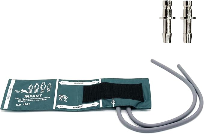 Blood Pressure Nylon Cuff with Dual Tubes + BP 12 Connectors for Infant 10-19 cm, Reusable Replacement NIBP Cuff with Inner Airbag for Monitor Machine