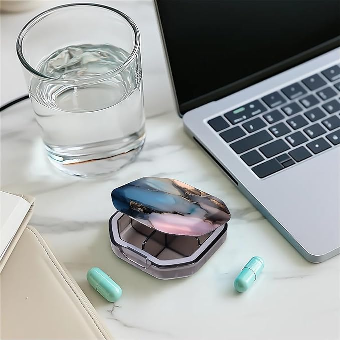 This Portable Abstract Marble Pattern 4 Compartment Pill Box Can Be Placed in A Pocket Or Wallet to Store Vitamins, Medicines Health Supplements Other Medications.