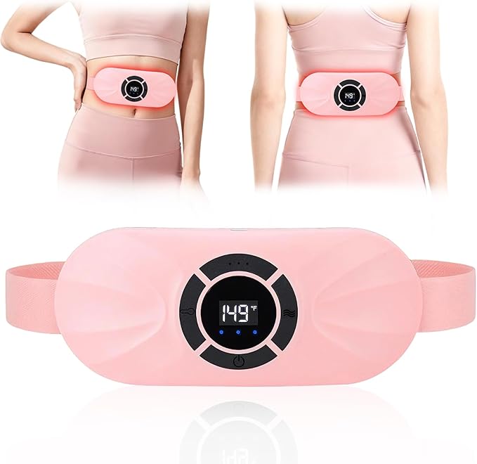 Portable Heating Pad for Period Cramps Relief Vibrating Menstrual Heating Belt for Women, Rechargeable Fast Heat with 6 Heat Levels and 6 Modes for Menstrual, Pain Relief for Back & Stomach (Pink)