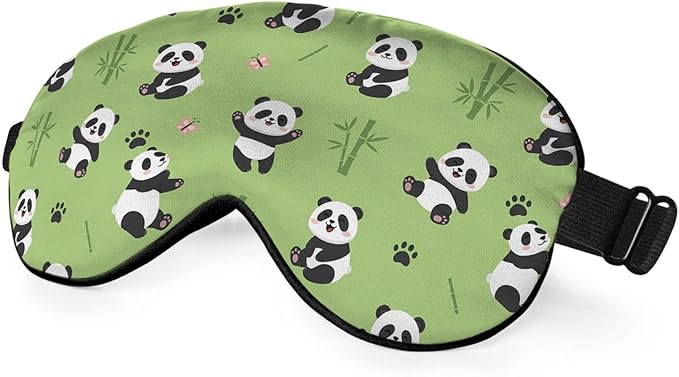 Funny Panda Silk Eye Mask Sleep Mask Cute Pandas Pandas Bamboo Butterfly Cartoon Green Eye Mask with Adjustable Strap Lightweight for Women Work Travel Night Sleep