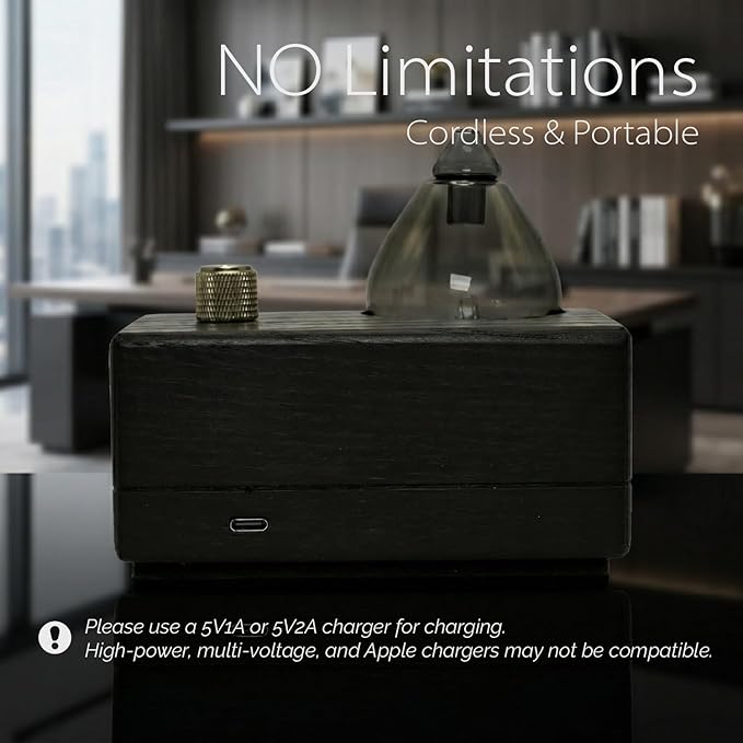 Black Obsidian Waterless Essential Oil Diffuser with Real Wood Base for Aromatherapy, Modern Smoky Glass Oil Diffuser, Cordless Portable Scent Diffuser Machine for Office Men Large Room, 2026 Model
