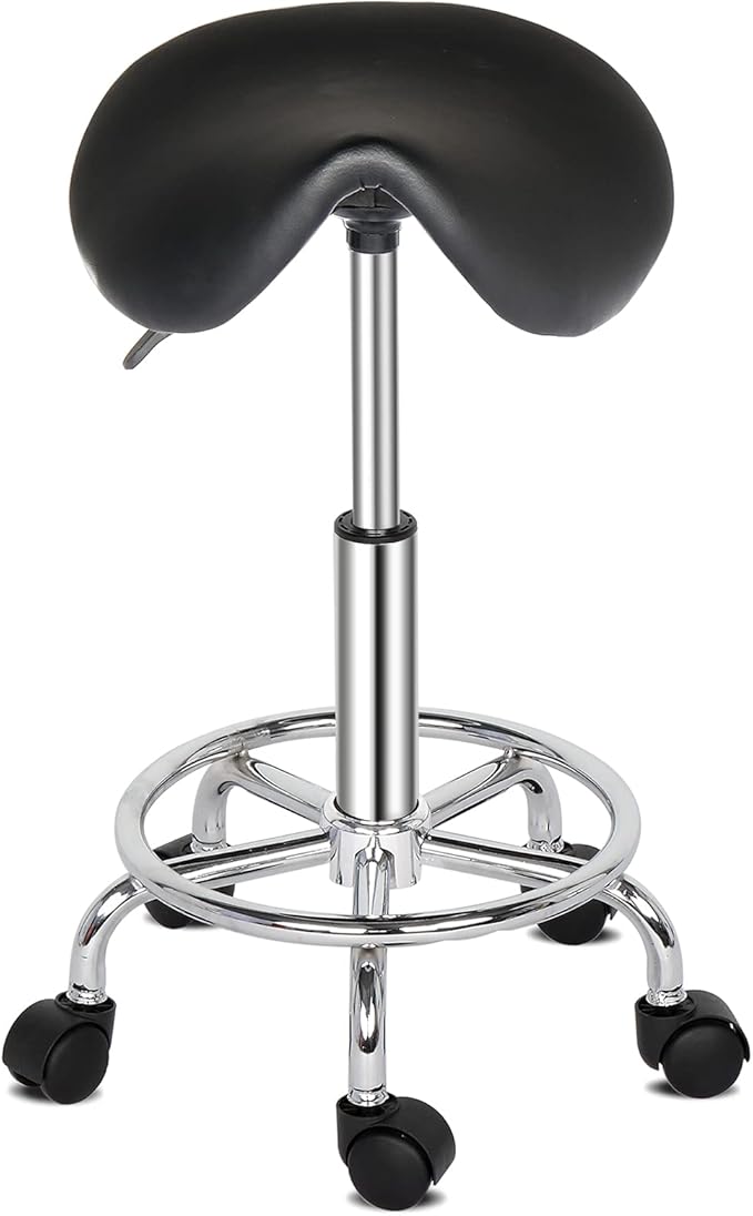 Modern Rolling Saddle Seat Stool Chair,PU Leather Swivel Adjustable Rolling Stools,Ergonomic Swivel Salon Spa Barstools,Office Drafting Chairs,with Wheels,for Home, Kitchen, Medical, Lab (Black)