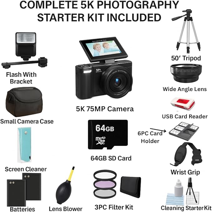 4K/5K Digital Camera – 75MP Vlogging Camera for YouTube, 180° Flip Screen, 18X Zoom, WiFi – Black Ultimate Kit with 64GB Card, 50" Tripod, Carrying Case, Macro/Wide Lens, Flash & Filters – Acuvar
