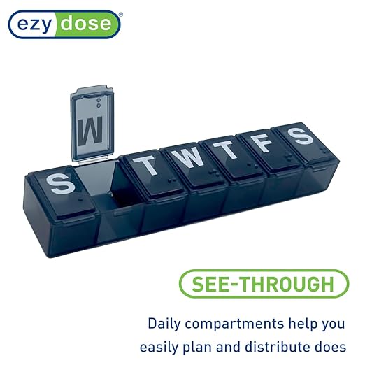 EZY DOSE Weekly (7-Day) Daily Pill Organizer, Vitamin Planner, Medicine Container, Case for Supplements and Fish Oils, Convenient and Easy to Use, Medium Compartments, Travel Friendly, Black, BPA Free
